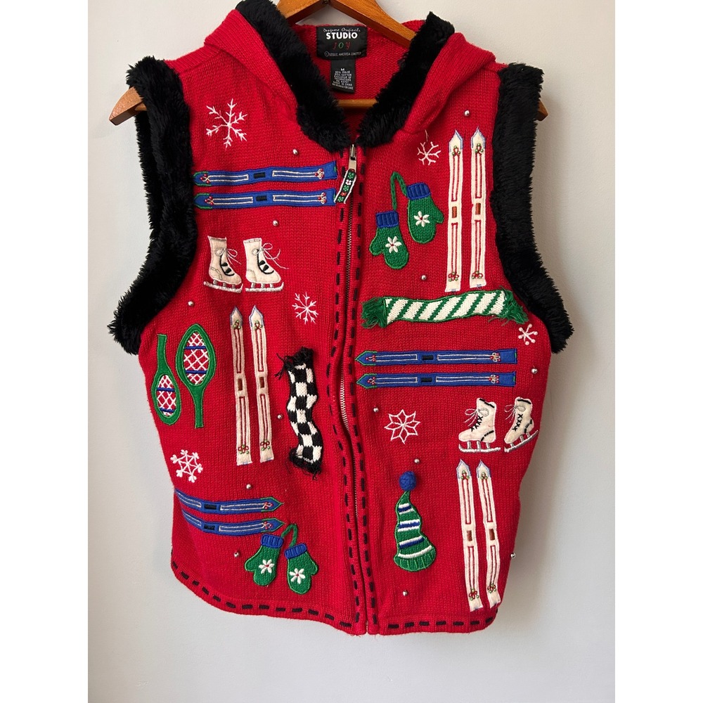 Studio Joy Red Ugly Christmas Sweater Vest Hooded Faux Fur Trim Winter Skiing M